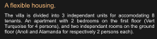 A flexible housing. The villa is divided into 3 independant units for accomodating 8 tenants. An apartment with 2 bedrooms on the first floor (Vert Turquoise for 4 persons), and two independant rooms on the ground floor (Anoli and Alamanda for respectively 2 persons each).